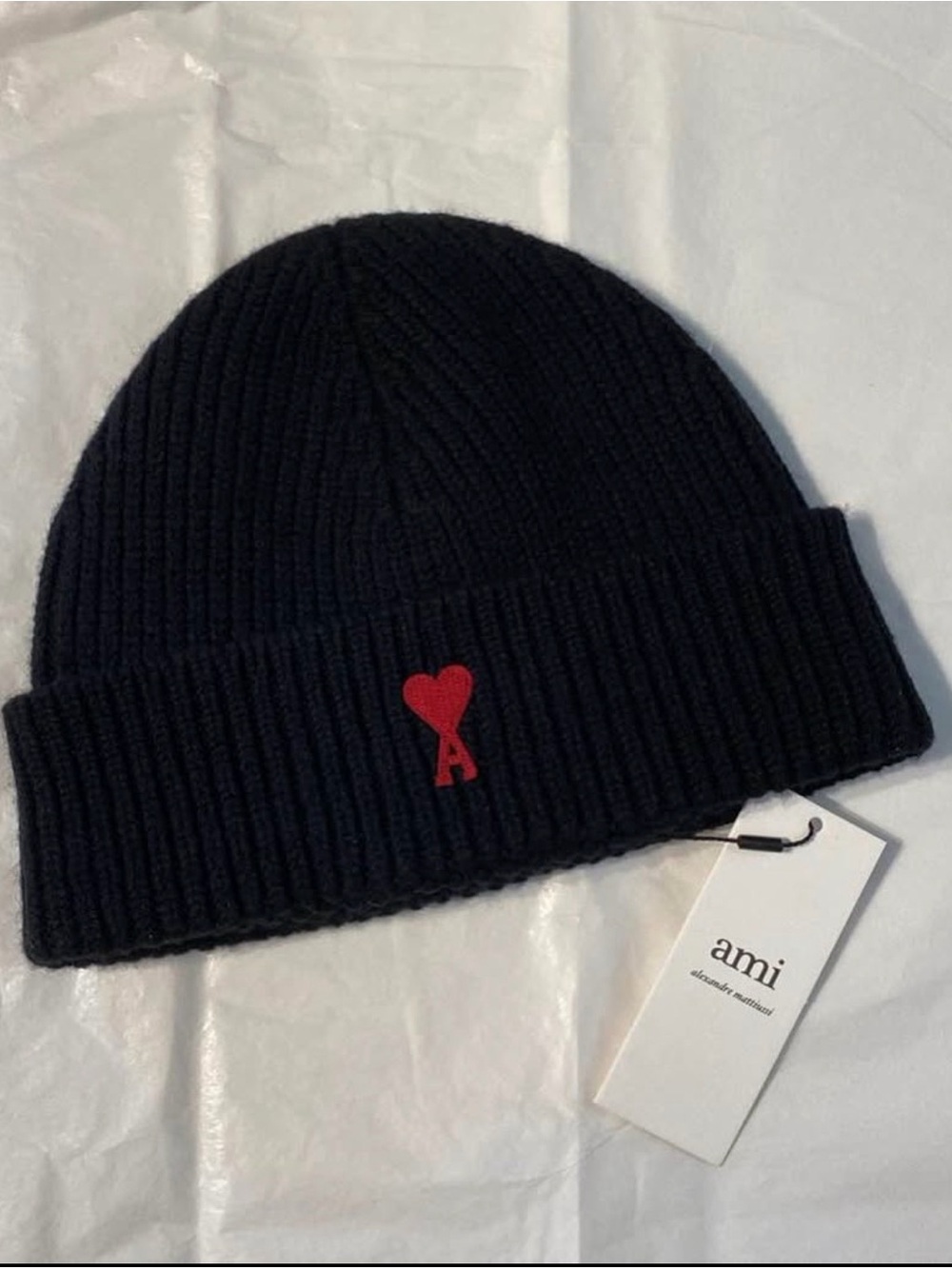 AMI Black Ribbed Beanie with Red Heart Emblem
